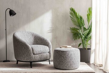 The stylish reading nook is anchored by a beautifully patterned armchair and a matching round ottoman.