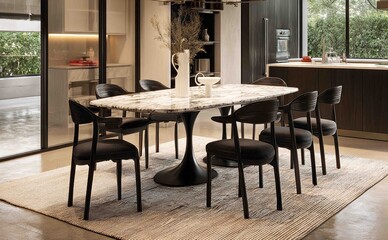The stylish dining room features a large marble table with a sleek black pedestal base.