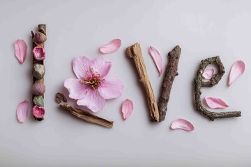 The word "Love" is creatively spelled out using natural elements like twigs, petals, and a blossom.