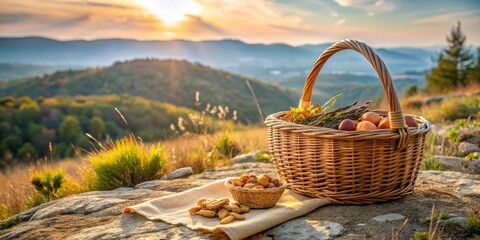 Golden Hour Harvest  A wicker basket brimming with nature's bounty sits atop a sun-kissed rock, overlooking a tranquil landscape bathed in the warm glow of the setting sun.