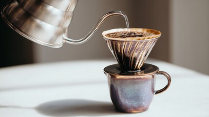 Pouring hot water over coffee grounds using a metal gooseneck kettle