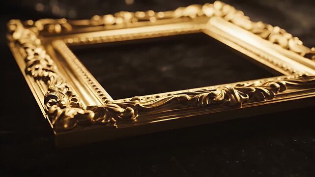 Ornate Gold Picture Frame on Dark Background - This is a close-up shot of an ornate gold picture frame resting on a dark, textured surface.
