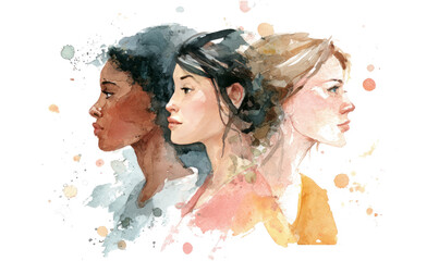 Watercolor Portrait of Three Women in Profile Artistic Style with Soft Colors and Subtle Details