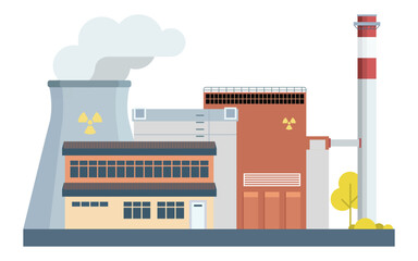 Modern Nuclear Power Plant with Chimney and Radiation Signs &ndash; Flat Vector Illustration