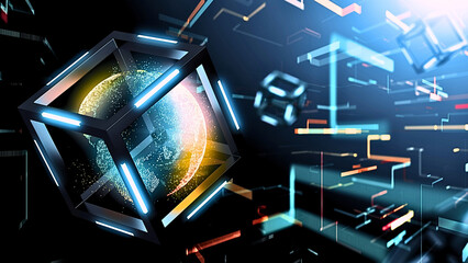 Futuristic glowing cube with neon lights in dark cyberpunk environment