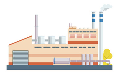 Obraz premium Modern Factory Plant Illustration with Smoke Stacks and Silos – Flat Vector Illustration
