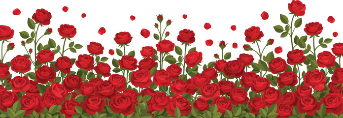 A beautiful red rose border design with blooming flowers and falling petals