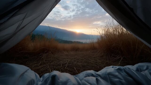 Sunrise view through tent opening in grassy wilderness landscape