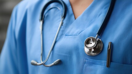 Close-up of a healthcare professional in blue scrubs with stethoscope and pen