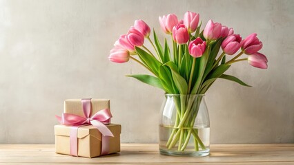 A delightful arrangement of pink tulips in a clear glass vase, accompanied by a delicately wrapped gift, rests on a light wooden surface against a neutral backdrop.