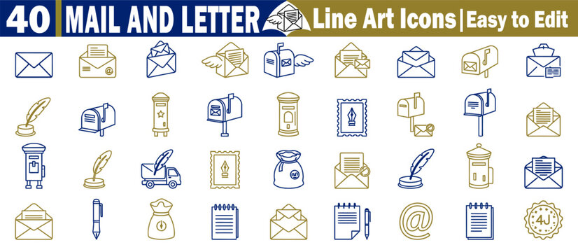 Mail and letter line art icons are easy to edit for communication and postal service designs.