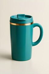Teal insulated mug with gold accent and travel lid