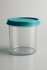 Transparent food container with teal lid for kitchen storage