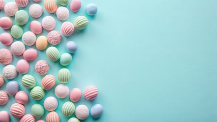 Pastel-Colored Decorative Spheres Arranged on a Light Blue Background, Creating a Festive and Delightful Composition Perfect for Seasonal Celebrations or Decorative Projects