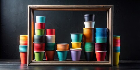 A Colorful Collection of Stacked Cups Arranged in a Rustic Wooden Frame Against a Dark Background