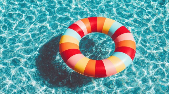 Striped colorful inflatable ring floating in bright blue swimming pool water - Powered by Adobe