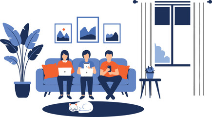Family sitting on blue sofa using laptops and smartphones with sleeping cat in flat vector living room