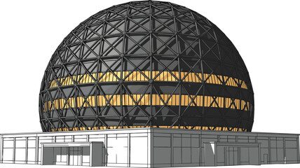 Modern geodesic dome building with glass facade and steel structure for science center or futuristic architecture © Bappi
