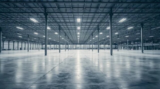 Vast empty warehouse interior with steel columns and reflective polished concrete floor