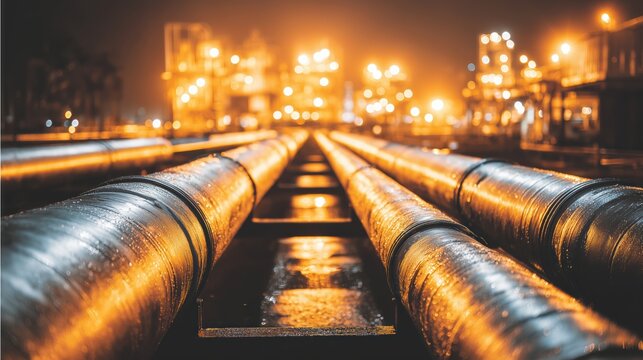 Parallel wet metal pipelines running through an illuminated oil or chemical refinery at night
