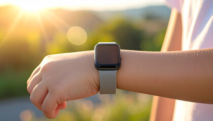 Time's Embrace: A close-up shot of a wrist adorned with a sleek smartwatch against the backdrop of the sun's warm light. It's a blend of technology and the tranquil outdoors. 