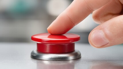 Close-up of a person's finger pressing a large red emergency stop or industrial push button