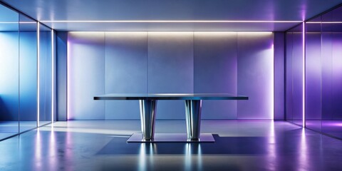 Sleek Modern Table in a Futuristic Room with Ambient Lighting and Reflective Floor
