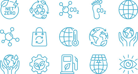 Set of blue line icons representing net zero carbon emissions, global warming, renewable energy, recycling, sustainability, and environmental protection concepts © Mahmud's World