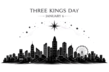 Three kings day or epiphany silhouette of a city skyline with stars and a decorative design above cutout on alpha channel