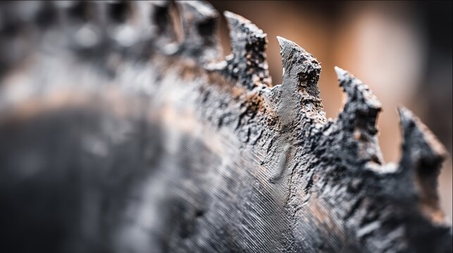 Macro close-up shot of the sharp, weathered teeth of an old circular saw blade