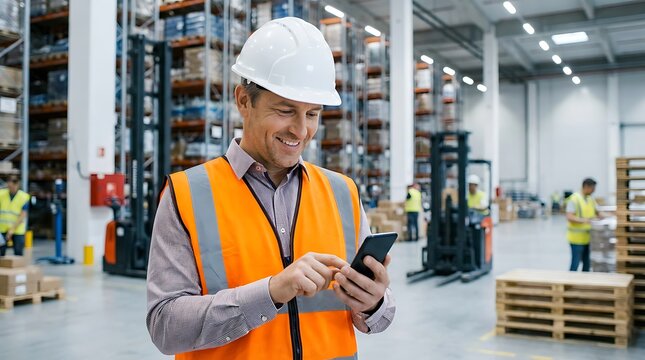 Warehouse worker in safety vest and hard hat using smartphone amidst inventory and forklift operations in large storage facility - Powered by Adobe