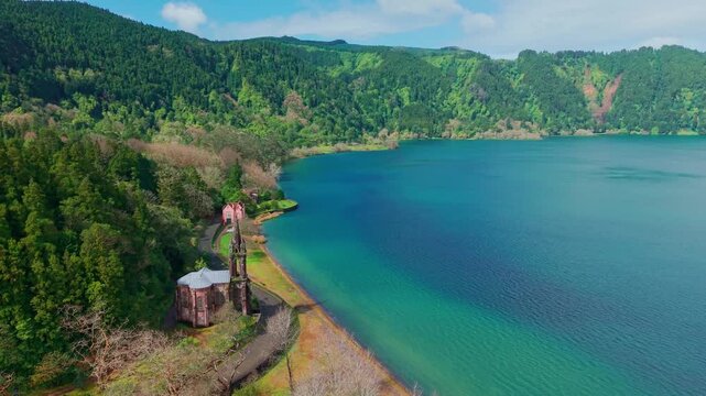 Aerial View of Chapel of Our Lady of Victories at Lagoa das Furnas