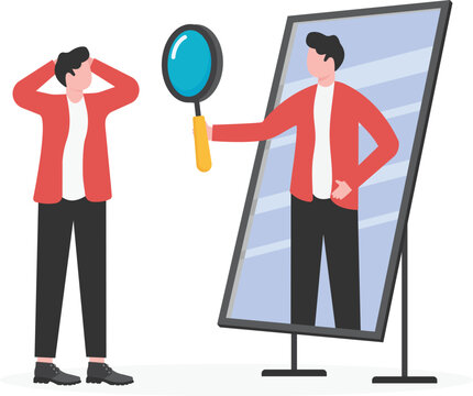 Self-Analysis Concept: Man Looking at Reflection with Magnifying Glass
