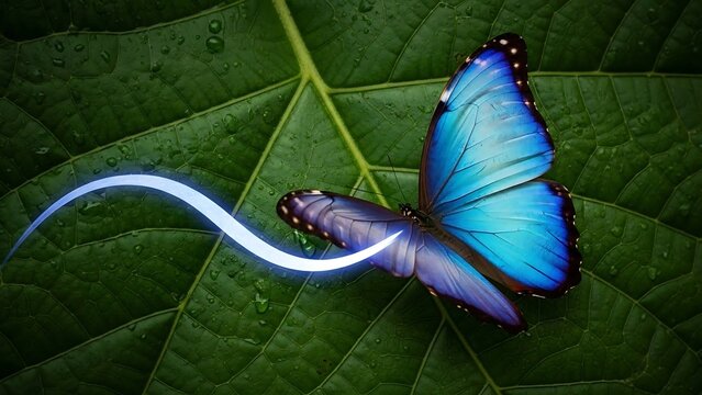 Blue Morpho Butterfly on Green Leaf.