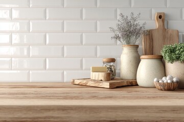 Minimal kitchen countertop with ceramic jars and wooden decor