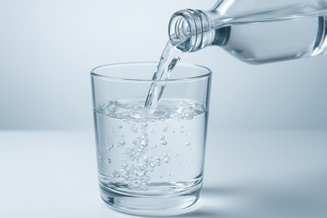 Fresh sparkling water being poured from a bottle into a clear glass with bubbles rising inside, captured in a clean minimalistic studio setup concept. Ai generative