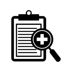 Medical Report Clipboard Icon with Magnifying Glass on White.