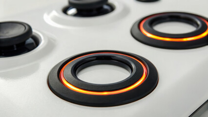 Circular black rings with glowing orange lights are embedded in sleek white surface, creating modern and futuristic design