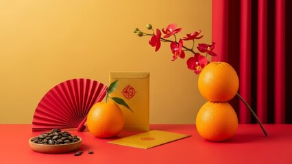 Traditional Lunar New Year still life featuring lucky oranges, red envelopes, red fan, and vibrant red orchids set against a festive gold and red background for Chinese holiday celebration.