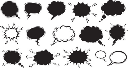 Collection of Black Speech Bubbles and Thought Clouds for Communication and Expression