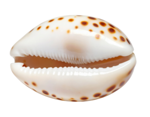 Spotted cowrie seashell with brown spots on cream white surface