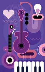Music instruments vector poster design. Composition of a guitars, saxophone, trumpet and piano on a violet background.