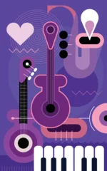 Gardinen Abstraktion Kunst Music instruments vector poster design. Composition of a guitars, saxophone, trumpet and piano on a violet background.  ©  danjazzia