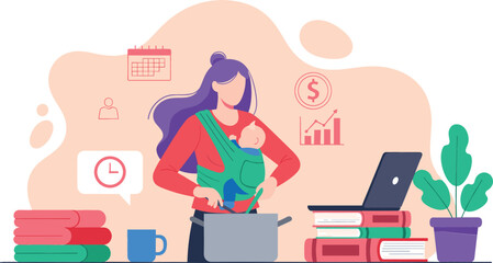 Mother working remotely on a laptop while carrying her baby in a sling, perfectly balancing busy career and domestic responsibilities