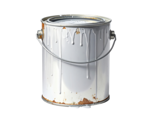 Used metal paint bucket with white drips and rust