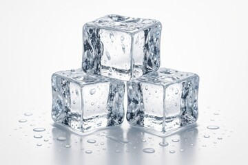 Three crystal-clear ice cubes stacked with water droplets on white background, symbolizing freshness and coolness in beverage concept imagery. Ai generative