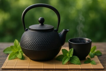 Black cast iron teapot and teacup with fresh mint leaves on bamboo mat outdoors, concept of traditional herbal tea ritual and wellness drinks. Ai generative
