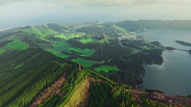 Aerial View of Lagoa das Sete Cidades Lake in Sao Miguel, Azores, Portugal