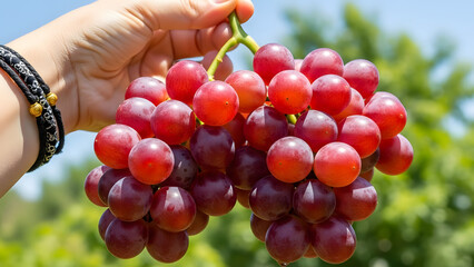 A hand holding a bunch of ripe red grapes in a lush green vineyard on a sunny day.