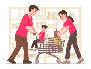 Parents and Their Son Selecting Products and Shopping Consumer Goods at Grocery Shop in Convenience Store for Family Member Lifestyle, Supermarket and Retail Store Concept Illustration
